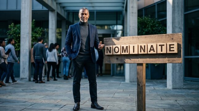 Businessman standing confidently beside a wooden sign spelling NOMINATE in a modern office courtyard suggests leadership, corporate selection, promotion, and formal endorsement.