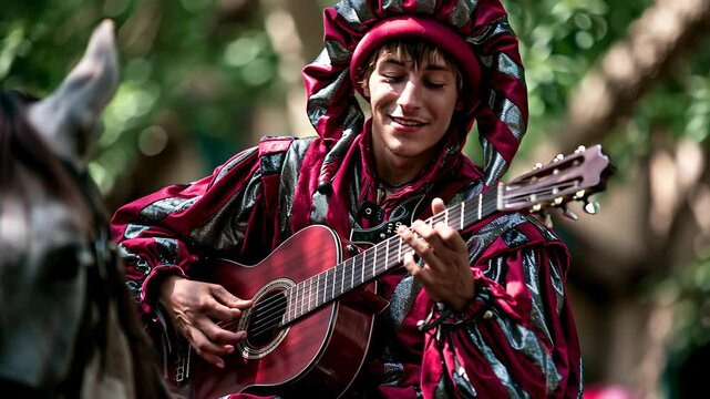 Jester Plays Guitar on Horse in Medieval Setting With Lively Atmosphere