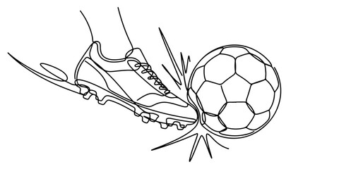 Continuous line drawing of a football boot striking a soccer ball symbolizing match action and competitive sports, line art vector illustration. © Haus