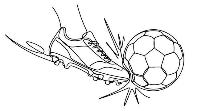 Continuous line drawing of a football boot striking a soccer ball symbolizing match action and competitive sports, line art vector illustration.