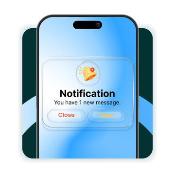 Smartphone Notification Popup Interface with New Message Alert, Mobile App Notification Window and Glassmorphism UI Design Vector