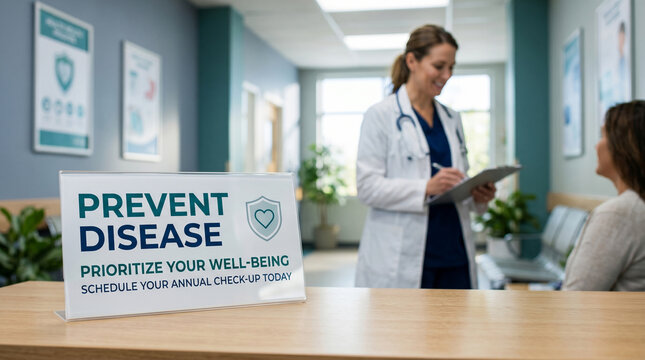 Prevent Disease Sign on Desk during Annual Checkup with Doctor and Patient in Background