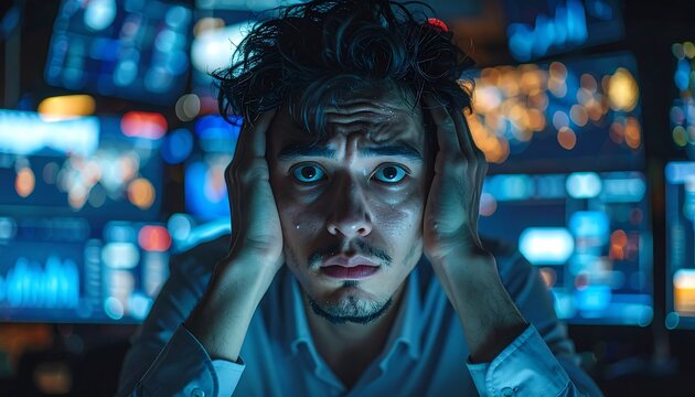 Stressed young man touching his head in deep frustration while working late in dark office with monitors
