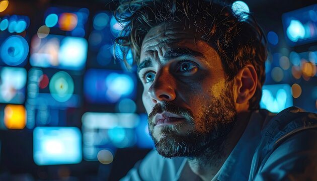 Focused young man looking at glowing digital screens with cinematic blue and orange lighting in dark room