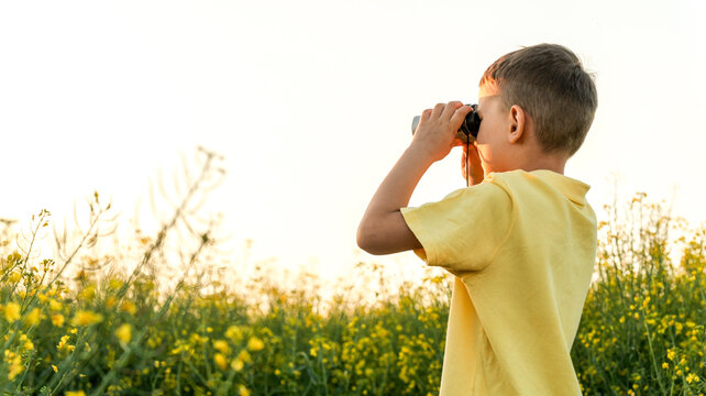Young boy in yellow shirt looking through binoculars in a field of yellow flowers
