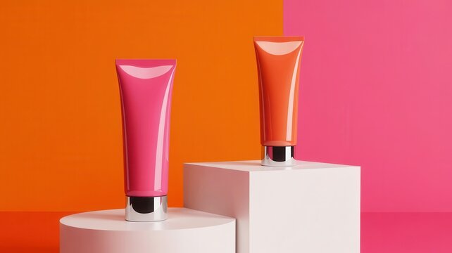 Two cosmetic tubes with pink and orange colors on a pedestal against a vibrant twotone background