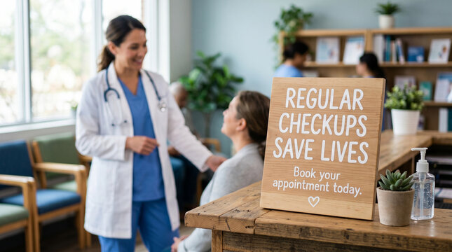 Regular Checkups Save Lives Sign on Clinic Desk with Doctor Consulting Patient Professional Healthcare Service