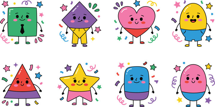 Cute Geometric Shapes Cartoon Mascot Characters Set with Confetti for Kids Math Learning and Education Sticker Graphic Designs