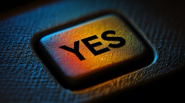 Macro shot of a YES button in bold black text, with vibrant lighting highlighting