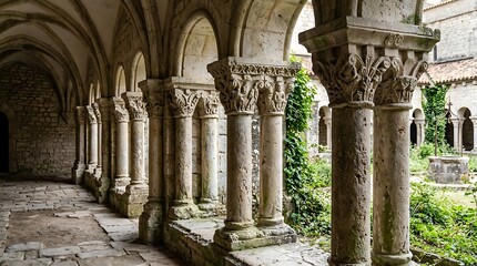 Fototapeta premium Ancient Stone Cloister Columns Standing in Historic Monastery Courtyard