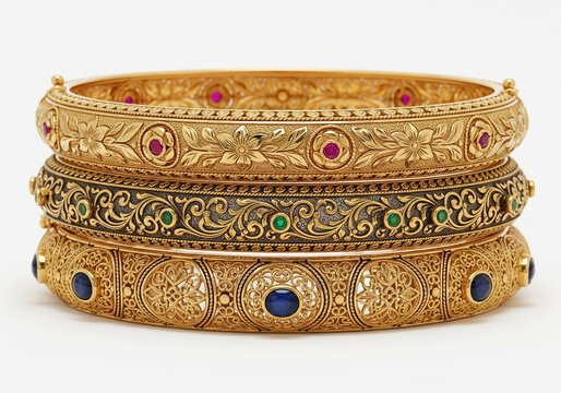 Intricate golden bangles with precious stones
