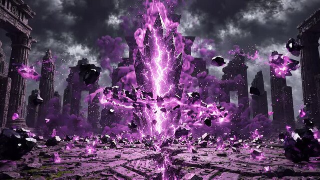 Epic Purple Void Crystal Portal Rising in Ancient Fantasy Ruins &ndash; Cinematic Magical Energy Rift