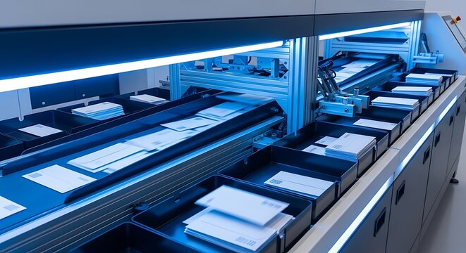 Automated Document Sorting Machine Processing Paper Envelopes in Modern Mailroom