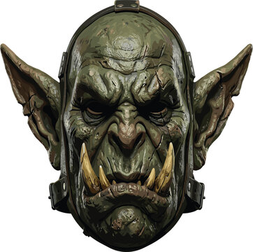 Scary green orc monster mask front view vector illustration, fantasy warrior goblin creature for halloween costume design