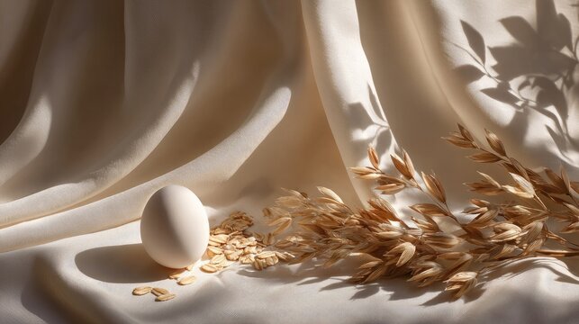 A single egg rests beside a sprig of oats and cereal flakes on draped fabric