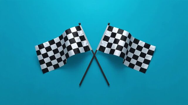 Checkered flags crossed representing victory motion video clip isolated on a vibrant blue background for professional sporting event concepts
