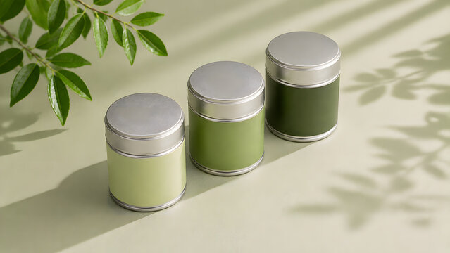 Three Matcha Tea Tin Mockups in Diagonal Arrangement with Blank Labels, Premium Green Packaging Collection