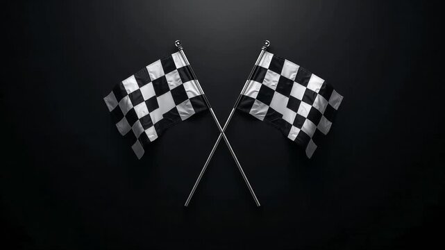 Checkered flags crossed representing victory motion video footage featuring high quality fabric texture against a dark minimal studio background
