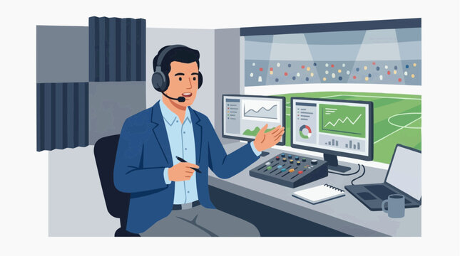 Football Commentator Broadcasting Live ( vector flat)