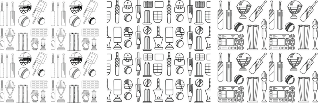 Cricket Sports Pattern with Equipment and Tournament Icons Seamless Background