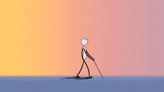 Minimal stick figure of blind person guided by walking stick awareness style