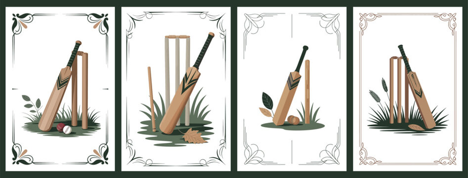 Cricket Vintage Frame Collection with Bat, Ball and Wicket Decorative Borders