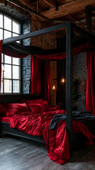 Fototapeta premium black bed with red satin bedding in loft interior, luxury loft bedroom with black bed and red satin bedding, modern black bed with elegant red satin bedding in stylish loft