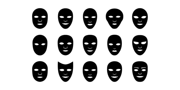 Masks faces emoji icons set with white eye slits and winking expressions for Halloween party stickers