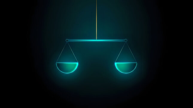 Glowing digital scale icon representing justice and equality isolated on a dark background with equality, judgment
