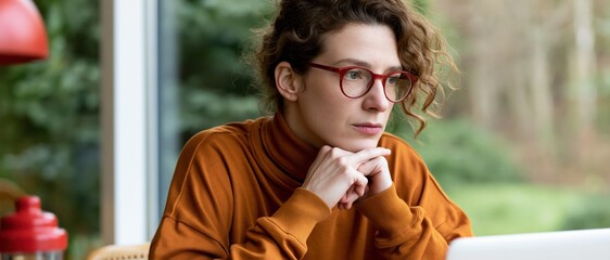 Obraz premium A thoughtful woman sits contemplatively indoors, showcasing deep introspection and emotional depth, framed by a serene window view into a lush green backdrop.