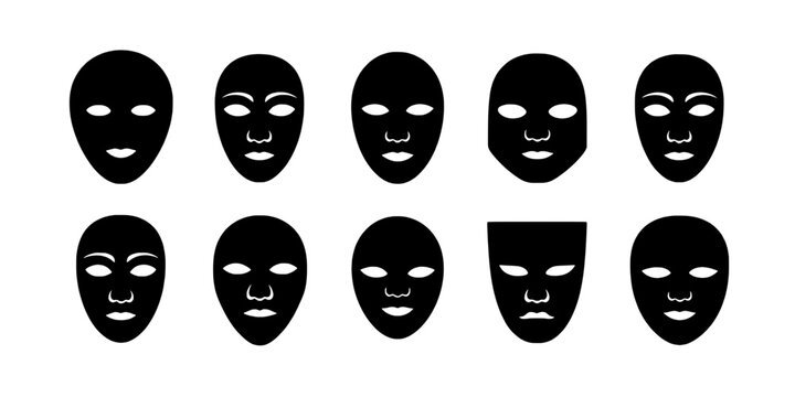 Masks theater comedy tragedy drama icon set with smooth black faces and white eye makeup, minimalist vector style for show design