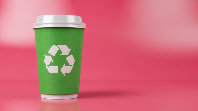 Green paper coffee cup with a recycling symbol on a pink background