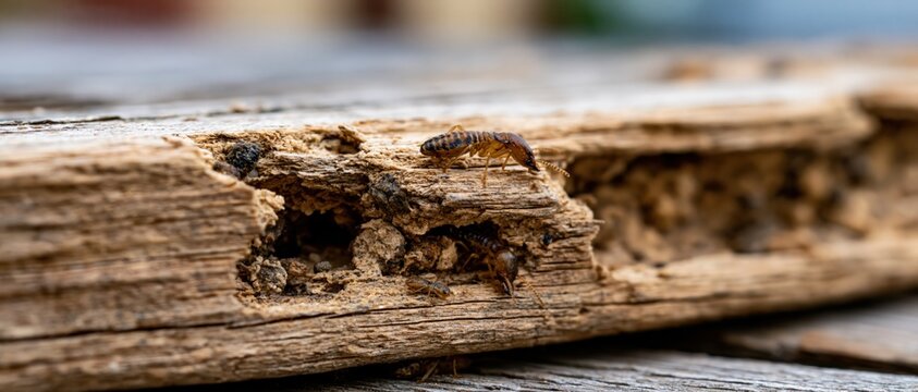 This image showcases a detailed close-up of a termite infestation in wooden material, highlighting the insects and damage caused to the wood surfaces by these pests.
