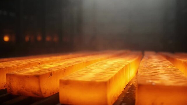 Molten wood planks glowing intensely in a high heat industrial kiln during the wood processing and crafting operation