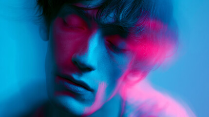 Fototapeta premium blurred portrait of intoxicated person in neon blue and pink light, surreal drunken face with psychedelic motion blur and abstract color distortion