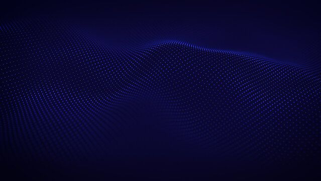 Particles blue wave. Cyber technology blue background illustration. Abstract digital mesh glowing navy dots luxurious wave particles flowing background. Bright dark blue waves. Futuristic screensaver