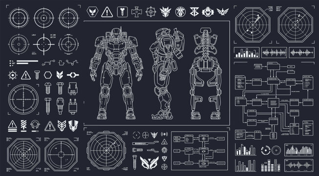 Futuristic sci fi hud interface elements set with mecha robot blueprint crosshairs radar radar screens and tech data vector illustration