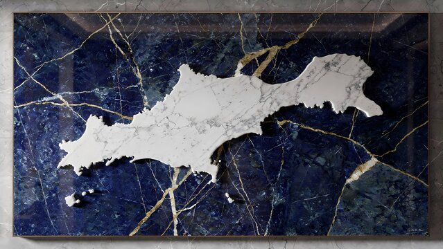 Aruba island map rendered in luxurious white marble, elegantly placed on a deep blue marble background with intricate golden veins, creating a high-end, abstract design.