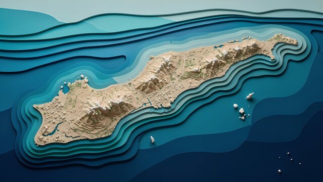 Stylized paper cut island map with layered ocean topography, showing mountains, roads, and buildings, a modern 3D render for travel, tourism, and geographical concepts, ideal for vacation planning.