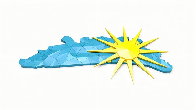 Aruba island map 3D render with bright yellow sun symbol representing tropical climate and tourism, geometric low poly design on white background.