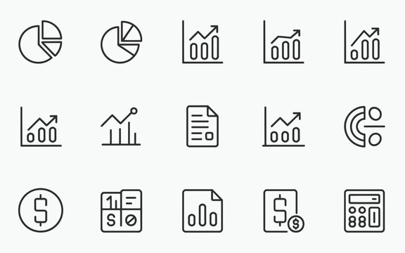 A collection of business icons featuring graphs charts documents and financial symbols