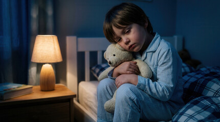 Obraz premium Child Cuddled With Teddy Bear Before Bedtime Under Soft Night Lamp Light