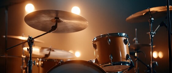 Obraz premium A dynamic view of a modern drum set illuminated by soft spotlights, evoking the energy and rhythm of live music performances in a creative studio environment.