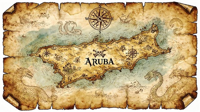 Vintage pirate treasure map Aruba island with compass rose, old ships, sea monsters, and skull and crossbones, an antique cartography illustration for adventure and travel themes.