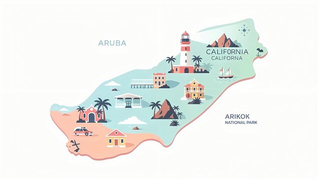 Aruba map illustration featuring famous landmarks, travel destination guide for Caribbean tourism, showcasing popular attractions in a flat design vector art style.
