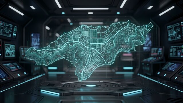 Futuristic holographic digital island map display in a dark, high-tech control room with glowing cyan lights and advanced console screens, 3D render.