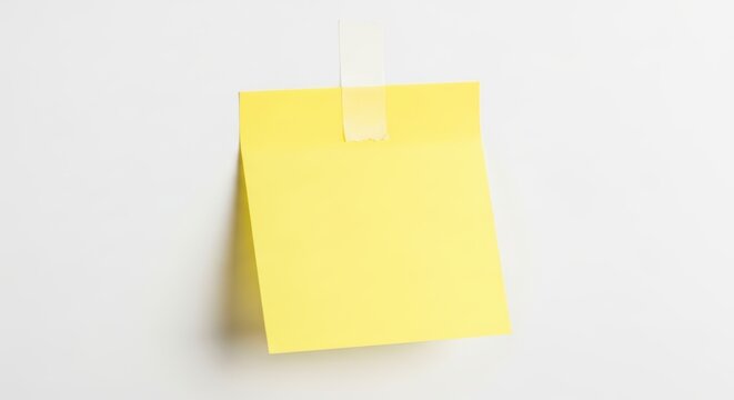 Blank yellow sticky note attached with adhesive tape isolated on white background