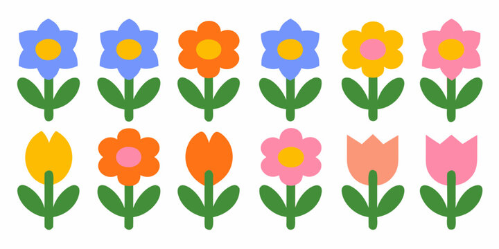 simple colorful flowers arranged in rows on white background petals stem leaves