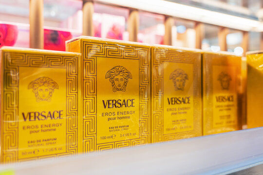 Almaty, Kazakhstan - August 03, 2025: Versace Eros Energy on display