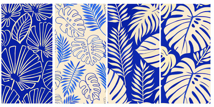 four tropical leaf patterns in deep blue and cream pattern panels botanical